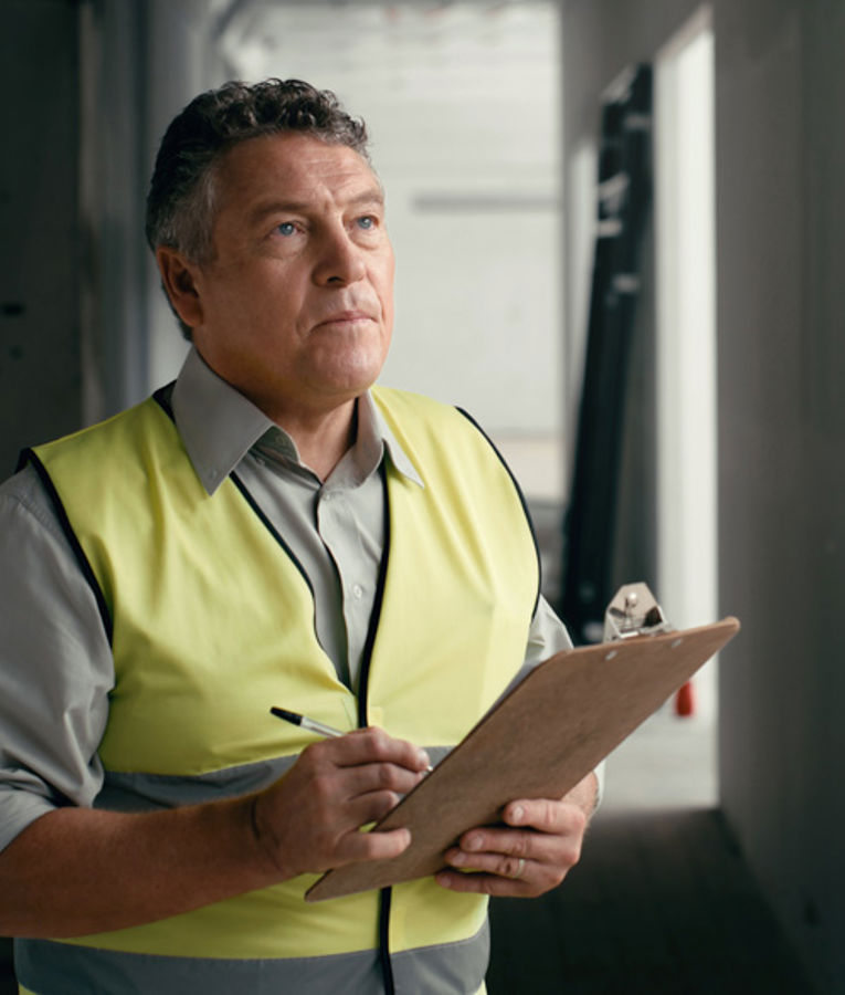 En fokuseret mandlig inspektør i refleksvest tager noter på en clipboard under evaluering af en bygge- eller industriplads.