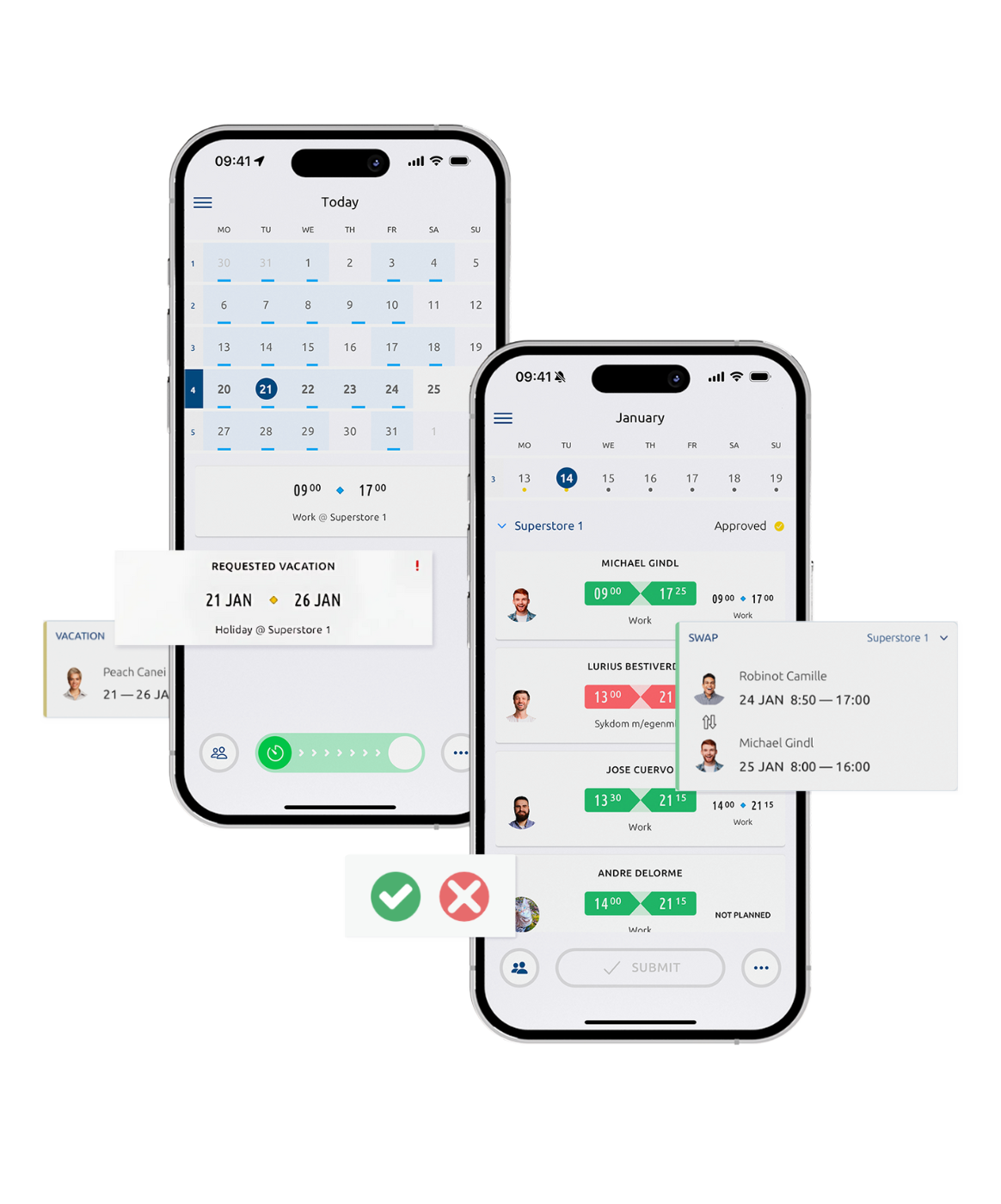 To smartphones med appvisning af kalender og opgaver, et billede på projektbaseret tidsregistrering, opgavestyring og effektiv dokumentation af arbejdstimer.